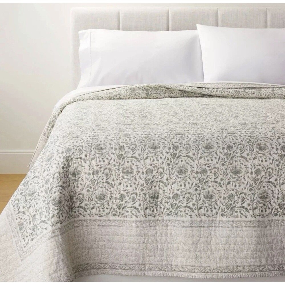 Queen Decorative Border Cotton Slub Print Quilt Light Teal Green NEW